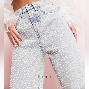 ASOS Luxe Pearl embellished wide leg jean in light blue size 6